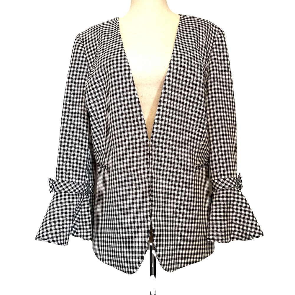 Tahari Arthur S Levine HoundsTooth Womens Blazer Size 10 Jacket Bow Big Cuff